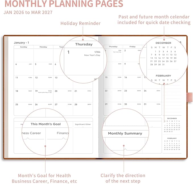 AHGXG 2026 Planner, Weekly and Monthly Planner 2026-2027, Large A4 8.5"x11", Calendar 15-Months Jan 2026 - Mar 2027, Vegan Leather SoftCover, Inner Pocket, Rose Gold