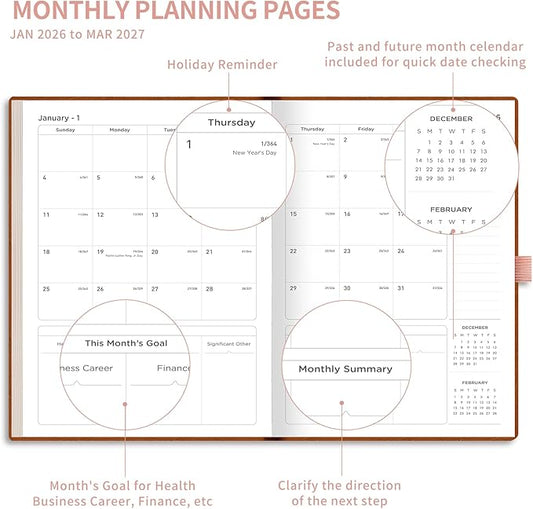 AHGXG 2026 Planner, Weekly and Monthly Planner 2026-2027, Large A4 8.5"x11", Calendar 15-Months Jan 2026 - Mar 2027, Vegan Leather SoftCover, Inner Pocket, Rose Gold