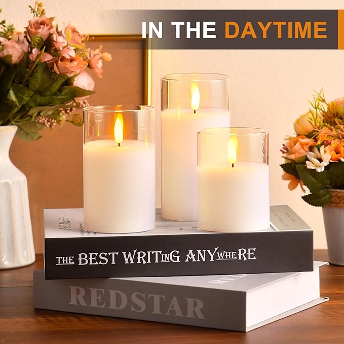 Glass Battery Operated LED Flameless Candles with Remote and Timer, Real Wax Candles Warm Color Flickering Light for Festival Wedding Home Party Decor(Pack of 3)-White