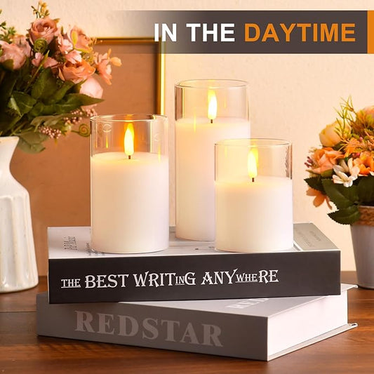 Glass Battery Operated LED Flameless Candles with Remote and Timer, Real Wax Candles Warm Color Flickering Light for Festival Wedding Home Party Decor(Pack of 3)-White