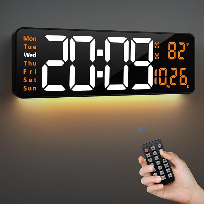 LEIKE 16.2'' Large Digital Wall Clock with Remote Control, Big LED/Dual Alarm/Auto Brightness/Date/DST/Temperature/Night Light Gym Clocks for Living Room Bedroom Office Classroom Wall Decor