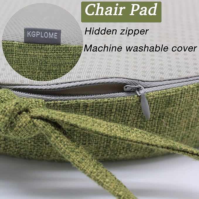Chair Cushion with Ties for Dining Chairs - Memory Foam Non Slip Kitchen Chair Pad and Dining Seat Cushion with Machine Washable Cover [16.5 x 16.2 Inches] - Green