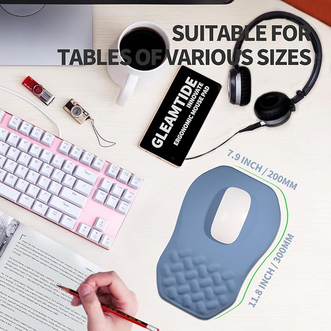 Ergonomic Raised Mouse Pad Wrist Support with Bilateral Slope Memory Foam Mousepad for Wrist Rest and Carpal Tunnel Pain Relief 11.8x7.9〃 Stone Blue