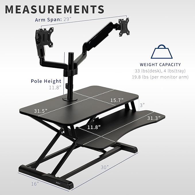 VIVO 32 inch Standing Desk Converter with Dual Monitor Mount for up to 32 inch Screens, Height Adjustable Riser with Pneumatic Spring Arms, Black, DESK-KIT-0K2K