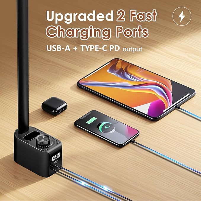 LED Desk Lamp,5 Colors+11 Brightness LED Desk Lamp with USB Charging Port+Clock+Pen Holder,700 Lumen Desk Light Classroom Desk Lamps for Home Office, Bed,Reading,Nail,Craft