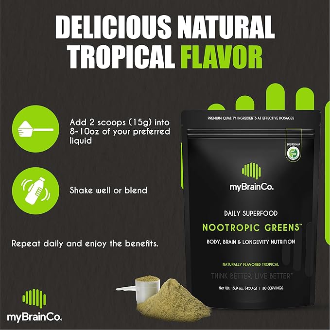 Nootropic Greens - Premium All-in-One Body, Brain & Longevity Optimization Nutrition. Organic Greens & Superfoods, Alpha-GPC, L-Theanine, Lion’s Mane, TMG, NR, NAC & More. (7.94 oz)