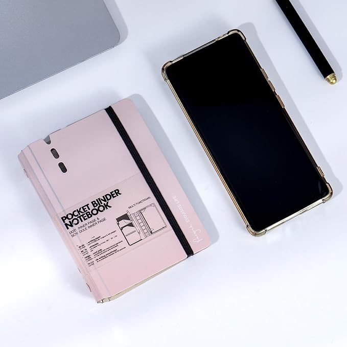 CAGIE A7 Binder 6 Ring Notebook with Dividers Refillable Planner Binder with Pockets, Refill Paper Include Planning Square Ruled and Dotted Pages, 4.13 x 5.71 In, (Light Pink, A7 Hourly&Dot Page)