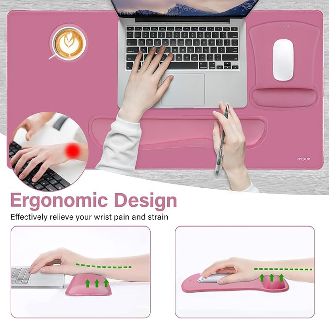 MOSISO Keyboard Mouse Pad Set, Large Gaming Mousepad&Keyboard Wrist Rest&Mouse Wrist Rest&Coaster, Ergonomic Non-Slip Mousepad&Easy Typing Cushion with Memory Foam for Home Office, Rose Red