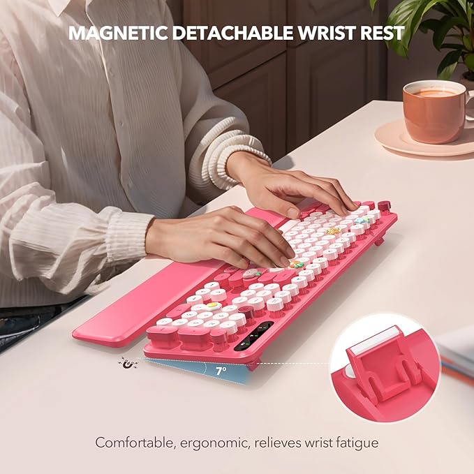 Retro Typewriter Wireless Keyboard, Pink Round Keycaps with Detachable Wrist Rest, Vintage Style Computer Cordless Keyboard, Cute Full-Size for Windows/PC/Laptop (Ideal for Writer/Gamer/Office)