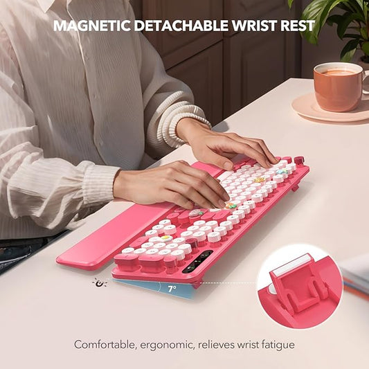 Retro Typewriter Wireless Keyboard, Pink Round Keycaps with Detachable Wrist Rest, Vintage Style Computer Cordless Keyboard, Cute Full-Size for Windows/PC/Laptop (Ideal for Writer/Gamer/Office)
