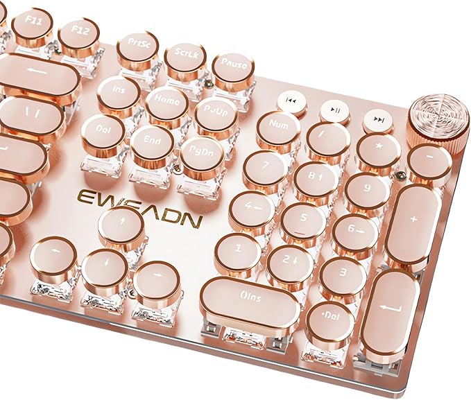 Typewriter Style Mechanical Gaming Keyboard White LED Backlit 104-Key NKRO Pink Switches Retro Round Keycaps Golden Ring Volume Knob Metal Panel Wired USB-C Detachable Cable, Rose Gold