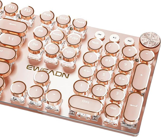 Typewriter Style Mechanical Gaming Keyboard White LED Backlit 104-Key NKRO Pink Switches Retro Round Keycaps Golden Ring Volume Knob Metal Panel Wired USB-C Detachable Cable, Rose Gold