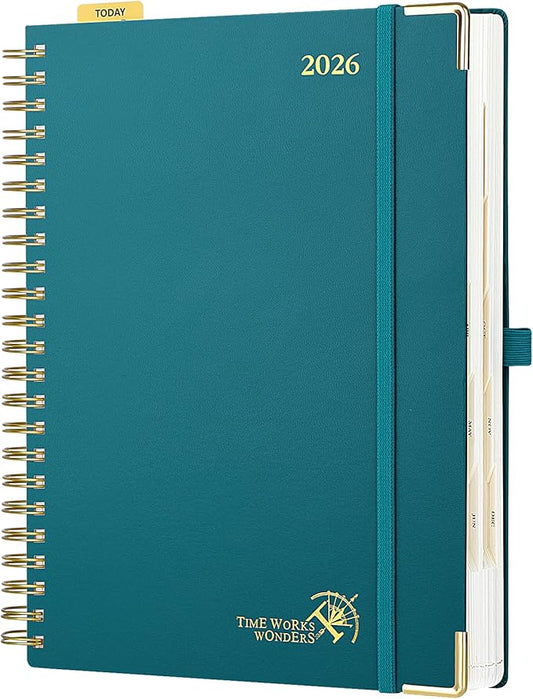 POPRUN 2026 Daily Planner One Page A Day - [A4 Large Size 8.5" x 12" -Spiral Hard Cover], Agenda 2026 Hourly Appointment Book with Monthly Calendar, Pen Holder, Ivory Paper - Pacific Green