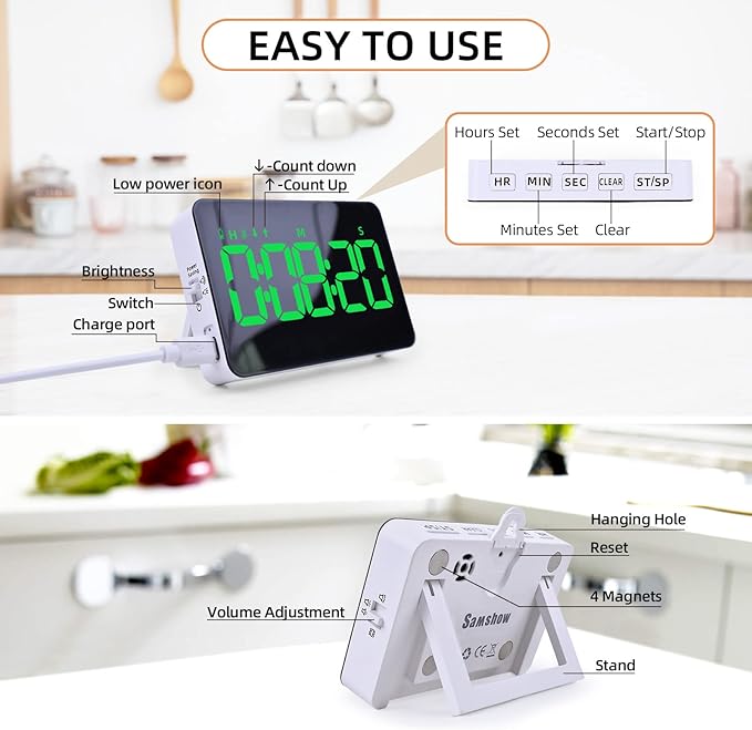 Rechargeable Digital Kitchen Timer for Cooking, Magnetic Timers with Countdown/up, Kids Timer with 5”LED Display 3 Brightness 4 Volume Adjustable for Classroom/Office/Home/Work/Fitness/Game(Green)