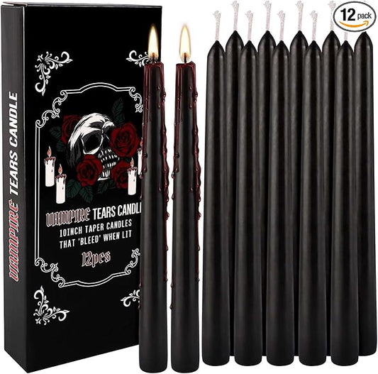 12PCS 10-Inch Black Bleeding Taper Candles,Vampire Tears Taper Candles- Unscented Candle Pack Ideal for Halloween, Christmas, Rituals, and Themed Party Decor.