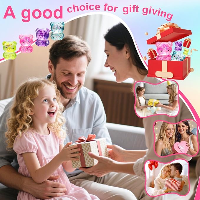 8 Pack Bear Squishy Toys, Glitter Colorful Sensory Stress Balls for Anxiety Relief, Squishy Balls Fidget Toys for Kids Adult, Squeeze Balls Bulk, Party Favors Goodie Bags Stuffer for Boys Girls