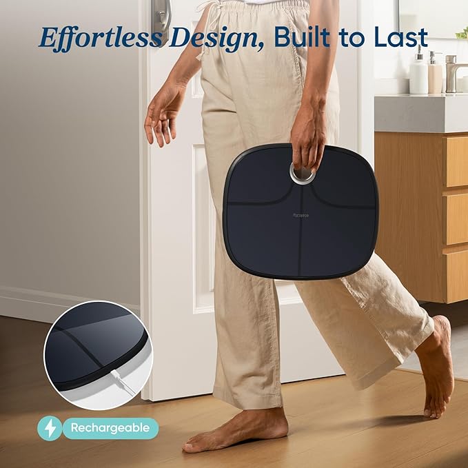 Etekcity Smart Rechargeable Scale for Body Weight, BMI, Fat, Muscle Mass, Digital Bathroom Scale with 13 Metrics, Secret Mode, Bluetooth Connect to Free Apps, Stealth Black