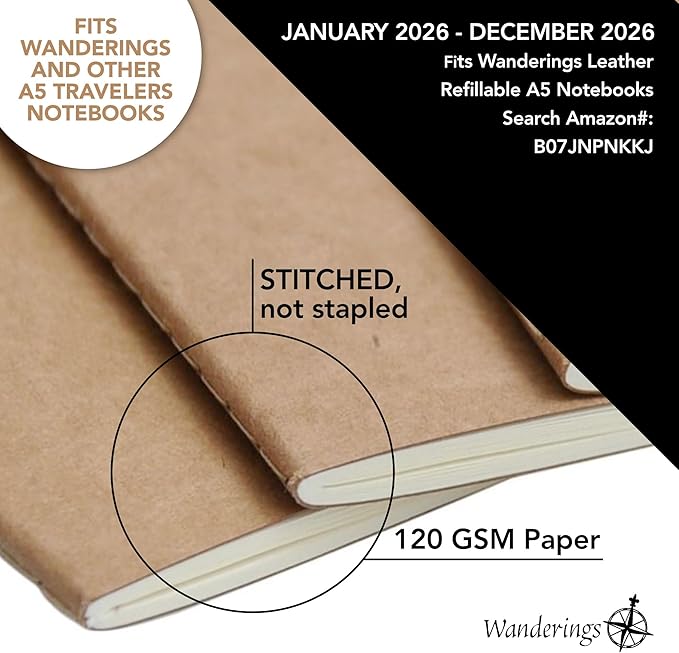 Wanderings A5 Traveler's Notebook Calendar Refill Inserts - 8 1/4 x 5 5/8 (21cm x 14.2cm) - January - December 2026 - A5 Calendar Planner Refills For Leather Travel Journals, Diaries and Planners