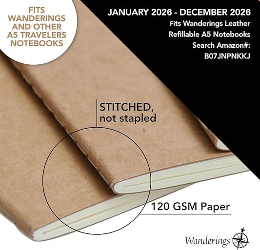 Wanderings A5 Traveler's Notebook Calendar Refill Inserts - 8 1/4 x 5 5/8 (21cm x 14.2cm) - January - December 2026 - A5 Calendar Planner Refills For Leather Travel Journals, Diaries and Planners