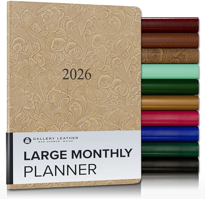 Gallery Leather Large Monthly Planner 2025-2026, Elegantly Bound Calendar Planner and Notebook with Stylish Gold-Gilded Page Edges, 18 Months - Floral Latte - 9.75x7.5"
