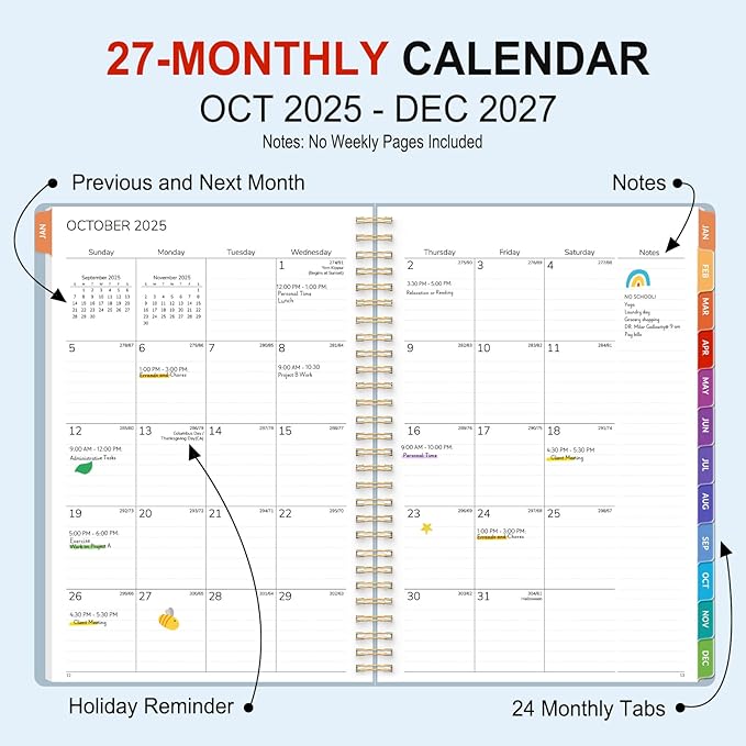 GNL Monthly Planner 2026-2027, 2 Year(27 Months) Calendar Planner, Oct. 2025 - Dec 2027, 7" x 10" Monthly Spreads & Yearly Planner, Perfect for School Office Home Planning, Blue