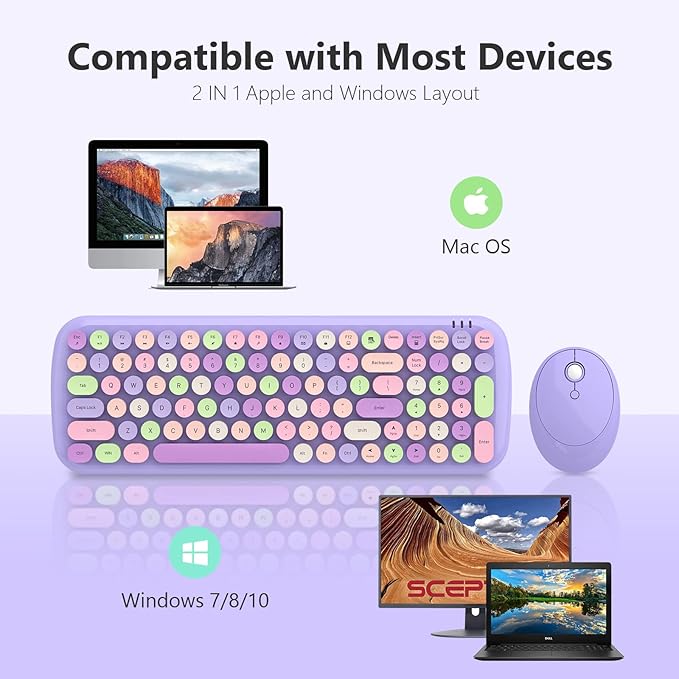 MOFII Wireless Keyboard and Mouse, Typewriter Full Size Keyboard with Number Pad and 2 in 1 USB Connected Mouse for Mac, Windows 7/8/10, Laptop, Desktop, PC, Computer (Purple Colorful)