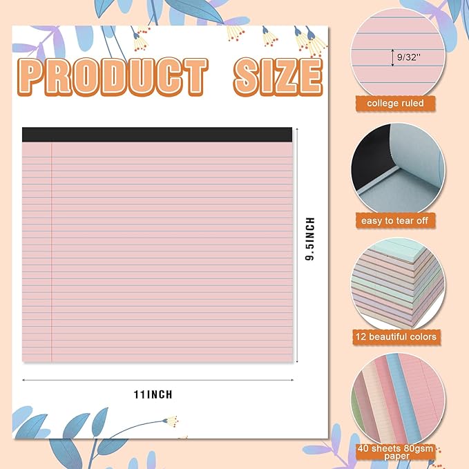 Lincia 12 Pcs 11" x 9.5" Legal Pads College Ruled Notepad Landscape Notebook Horizontal Lined Notebook 80 Gsm Assorted Colors Paper Pastel Writing Pads for School Office, 40 Sheet (Pastel Colors)