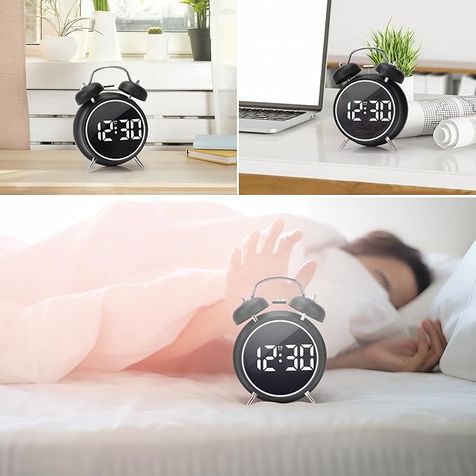 Digital Small Alarm Clock, 4.5 Inch Double Bell Electronic LED Alarm Clock, Plug in or Battery Operated Silent Metal Table Clock, Modern Loud Bedside Clock for Heavy Sleepers Adults Kids (Black)