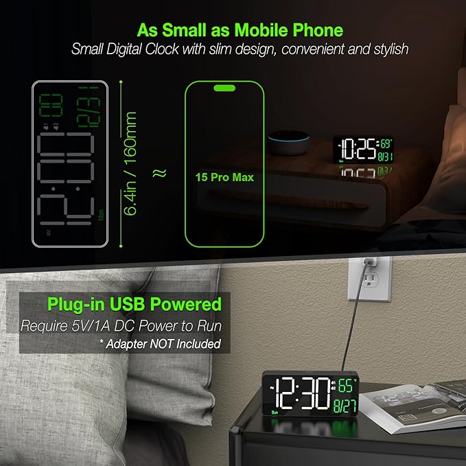 KOSUMOSU Digital Alarm Clocks for Bedrooms,6.7in Black Small Digital Clock for Bedroom, Auto Dimming,Date,Week,Seconds or Indoor Temperature,Desk Clocks for Living Room,LED Alarm Clock Calendar