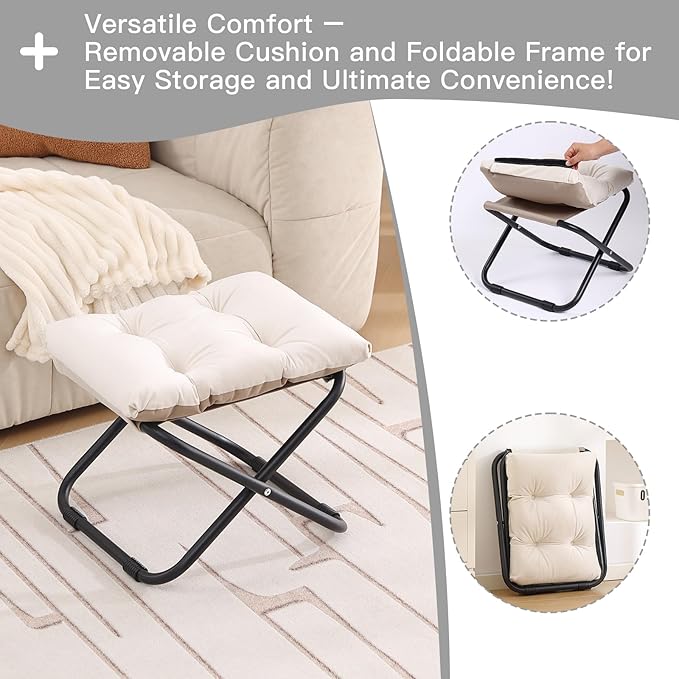 LITA Folding Upholstered Footrest Stool with Straight & Square Shape, Beige
