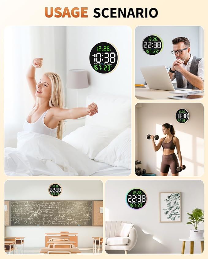 10 Inch Large Digital Wall Clock with 9 Color Changing Remote Control, Date Week Temperature, Auto Brightness Dimmer Big Clock with Night Lights,Green