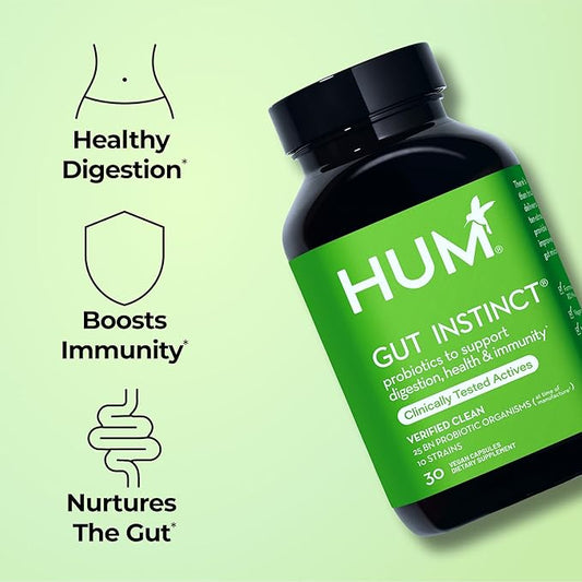 HUM Gut Instinct Daily Probiotics for Women and Men, Digestive Health, Lactobacillus, Bifidobacterium Strains for Immune Support, Probiotic Supplement for Healthy Gut Diversity, 30 Capsules