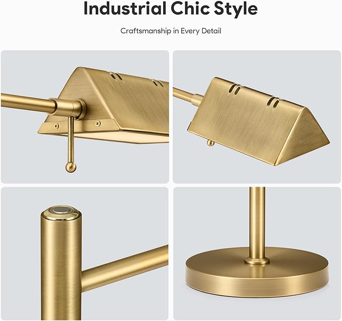 VONLUCE LED Desk Lamp, Adjustable Industrial Style Metal Table Lamp, Dimmable Reading Lamp for Living Room Bedroom Office, Antique Gold