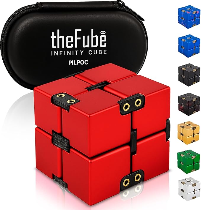 PILPOC theFube Infinity Cube Fidget Desk Toy - Aluminum Infinite Magic Cube with Case, Sturdy, Heavy, Relieve Stress and Anxiety, for ADD, ADHD, OCD (Red)