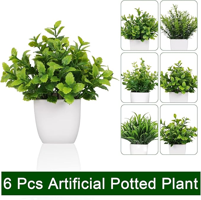 6 Pot Small Fake Plant Flowerpot Artificial Plastic Eucalyptus Plant Wheat Grass Shrub Plant Indoor Desk Coffee Table Bathroom Bedroom Home Decoration (6)