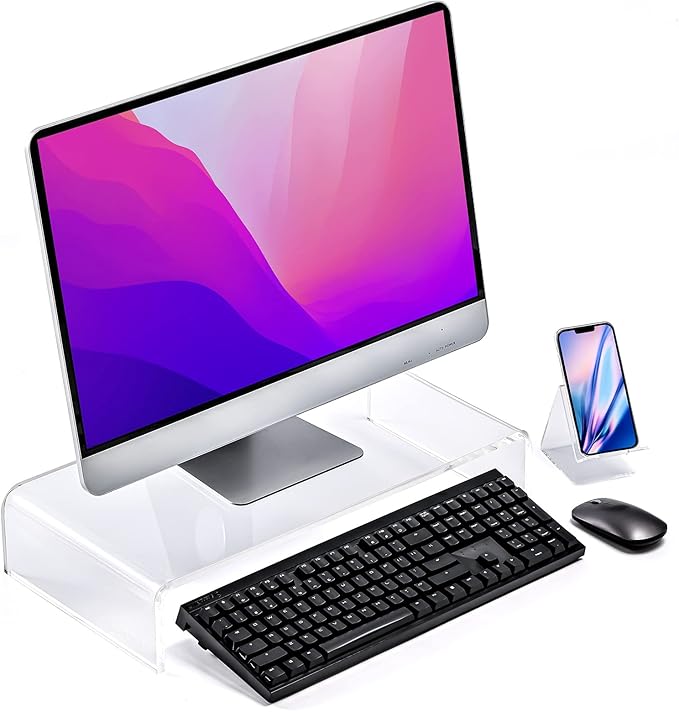 Premium Acrylic Monitor Stand – Extra-Wide 20" L x 10" W x 4" H Clear Computer Riser, Laptop Stand, Sleek Desktop Organizer for Office & Home, TV, Printer, with Bonus Acrylic Phone Stand