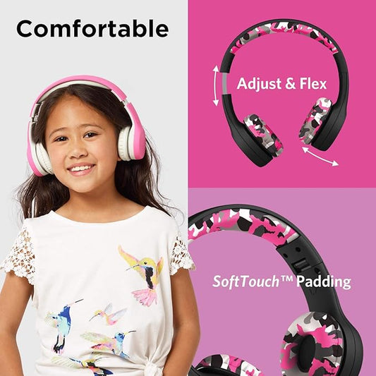 LilGadgets Connect+ Style On-Ear Kids Headphones with Microphone - SharePort Technology, SoftTouch Padding, Detachable Cable, Noise Reduction, Durable & Adjustable - Pink Camo - Wired Headphones