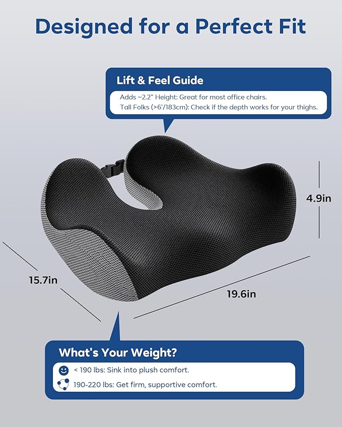 Feagar Seat Cushion - Office Chair Cushion for Hip, Sciatica & Tailbone Pain Relief - Memory Foam Pressure Relief Seat Cushion, Large Wrapped Design for Wheelchair, Car Seat & Long Sitting (Gray)