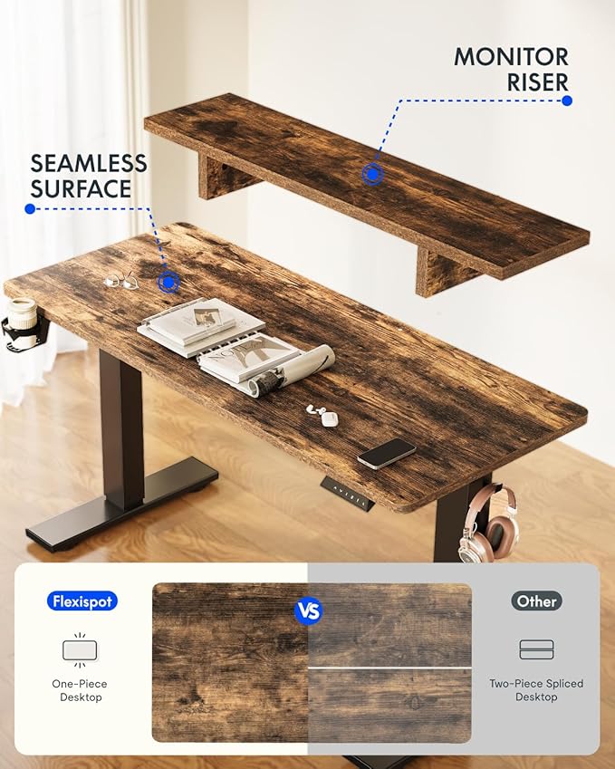 FLEXISPOT Standing Desk with Monitor Stand, 48 x 24 Inches One-Piece Electric Height Adjustable Computer Desk with Cup Holder, Home Office Desks (Black Frame+ Rustic Top)