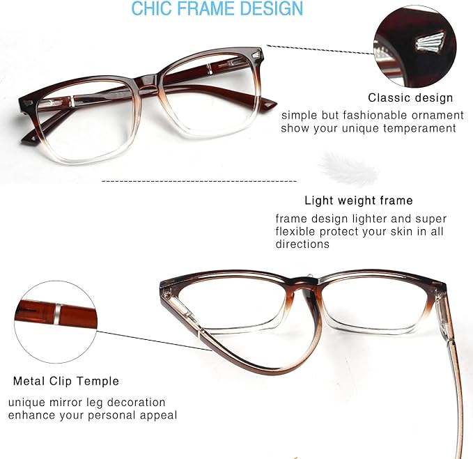 Henotin 4-Pack Blue Light Blocking Reading Glasses Women Men,Spring Hinge Computer Readers,Anti UV Ray Square Nerd Eyeglasses (Mixed Color-A, 4.00)