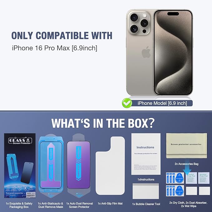 2-Pack Anti Blue Light Matte Screen Protector for iPhone 16 Pro Max, 9H Tempered Glass, Full Coverage, Anti-Fingerprint, Auto Dust-Elimination, No Bubble, Easy Installation