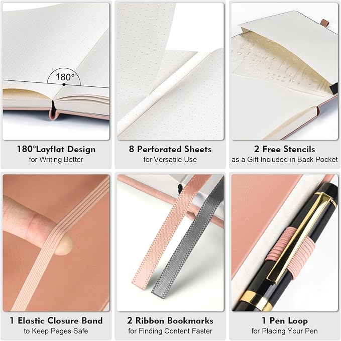 Bullet Dotted Journal Notebook, 312 Numbered Pages A5 Hardcover Leather Journal, 100gsm No Bleed Paper Dot Grid Notebook with Index Pages, Dot Journal for Women Men, 5.75" x 8.38", Pink