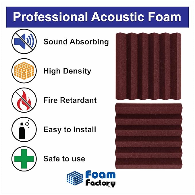 Foam Factory Inc 24 Pack Color Acoustic Foam Panel Studio Soundproofing Wedge Wall Tiles 12” X 12” X 2” (Burgundy)