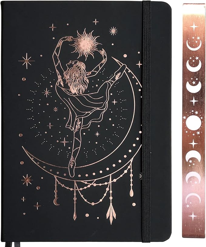 BUKE Medium A5 Hardcover Notebook Dotted Journal - 180Gsm Thick Bamboo Paper - 160 Dot Grid Pages 5x5 MM - Black Color Faux PU Leather Cover - Rose Gold Edge And Moons (A5, Black)