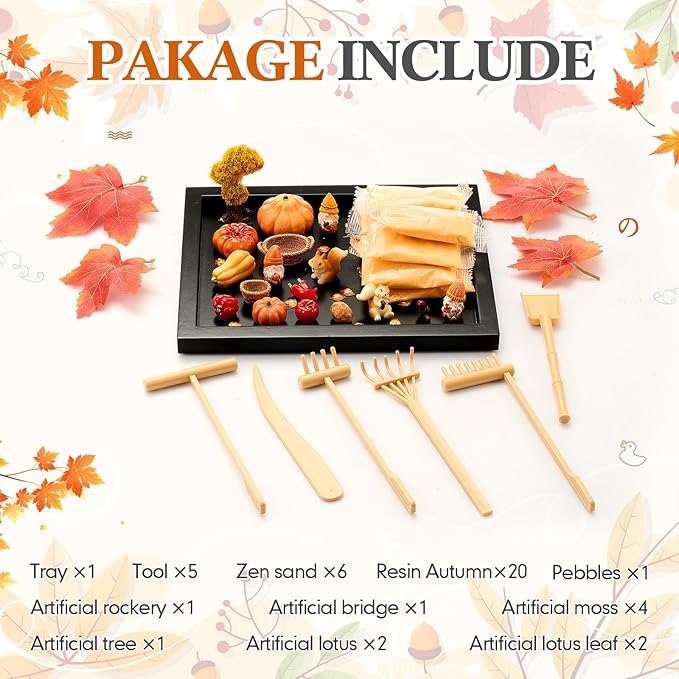 Soulchen Zen Garden Kit for Desk Decor Zen Sand Garden Box Set with Black Wooden Tray, Blue Sand, Tools & Accessories Japanese Gifts for Desktop Meditation Room Office Home (Fall)