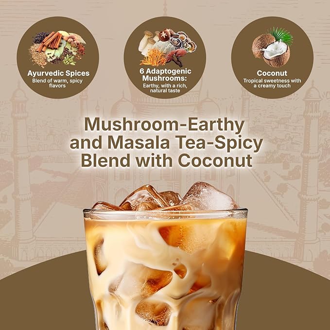 Veltracha Mushroom Chai Tea, Instant Chai Tea Powder with 6 Adaptogenic Mushrooms, Spiced Chai Latte for Energy & Focus Support, 6.35 oz 20 Servings (Natural Coconut)