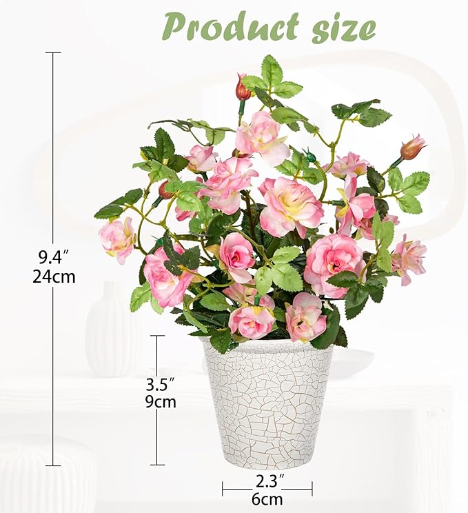 Hollyone Artificial Plants & Flowers in Vase Pink Camellia Roses Small Faux Flower Plant Arrangement with Pot Fake Rose Flowers Home Decor Office Bathroom Shelf Desk Table Decoration