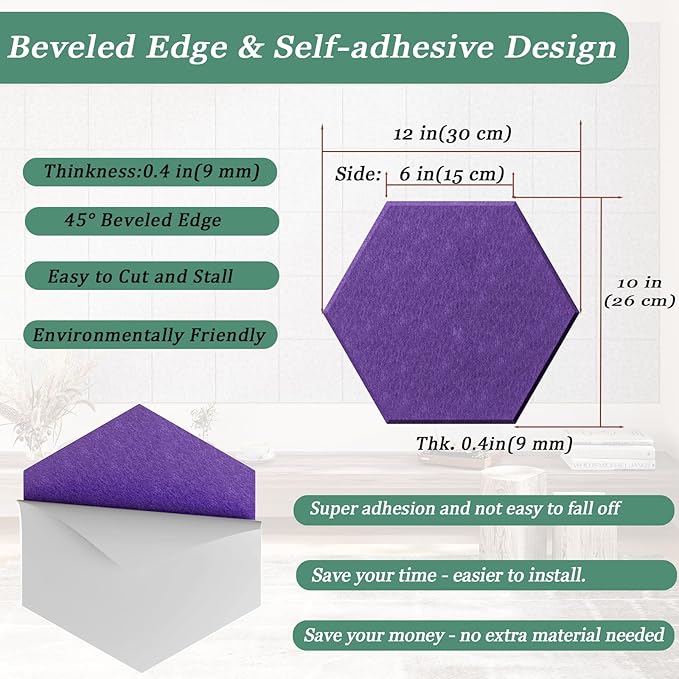 Hexagonal Acoustic Panels-12 Pack High-Density Sound Absorbing Panels 12"X10"X0.4" for Enhanced Noise Reduction, DIY Design, Idea for Studios, Offices, and Home Theaters(Violet)