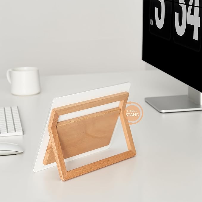 YEOUX Glass Desk Whiteboard with Reversible Wood Stand, Desktop Small White Board, Reusable Mini Dry Erase Board 6.7"x9.5" for Office, Home, School, Marker&Eraser Included