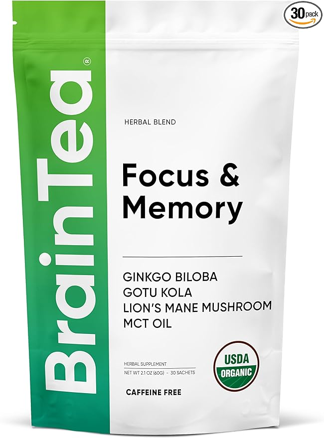 Brain Tea Focus & Memory - Organic Certified 4-in-1 Nootropic Brain Supplement with Ginkgo Biloba, Gotu Kola, Lion’s Mane Mushroom and MCT - Caffeine-Free Herbal Tea for Mental Clarity (30 Sachets)